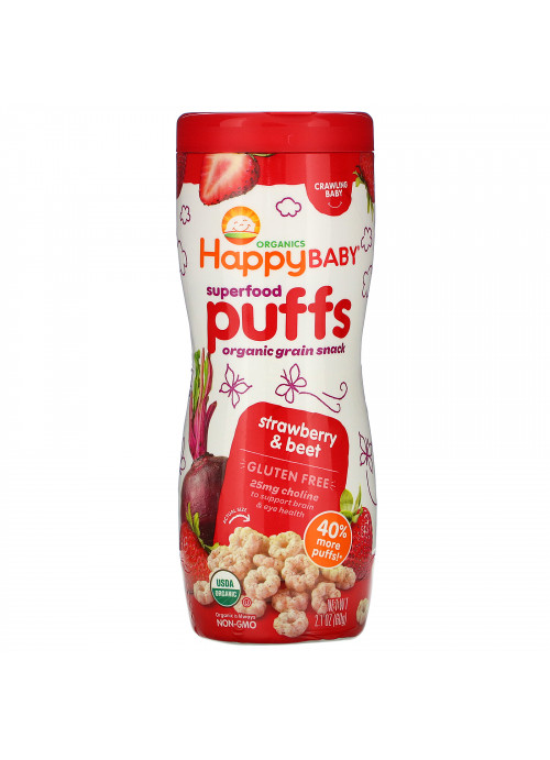Happy Family Organics, Superfood Puffs, Organic Grain Snack, Strawberry & Beet, 2.1 oz (60 g)