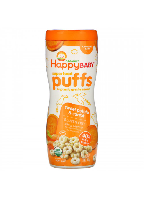 Happy Family Organics, Superfood Puffs,  Organic Grain Snack, Sweet Potato & Carrot, 2.1 oz (60 g)