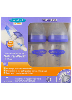 Lansinoh, Natural Wave Nipple Bottles, Medium Flow, 3 Bottles, 8 oz (240 ml) Each