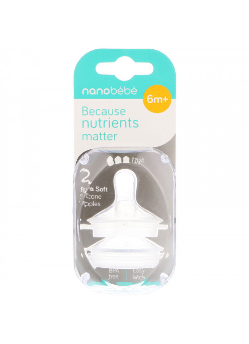 Nanobebe, Silicone Nipples, 6+ Months, Fast Flow, 2 Pack