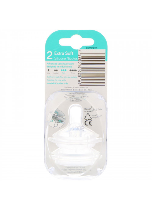 Nanobebe, Silicone Nipples, 6+ Months, Fast Flow, 2 Pack
