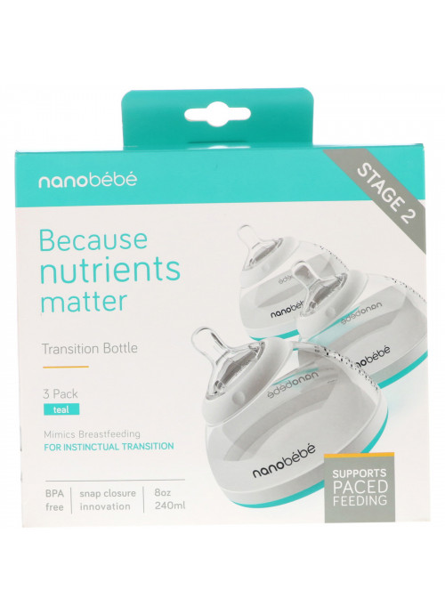 Nanobebe, Transition Bottle, Stage 2, Teal, 3 Pack, 8 oz (240 ml) Each