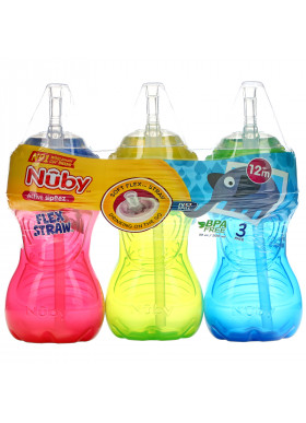 Nuby, No Spill FlexStraw Cups, 12+ Months, Boy, 3 Pack, 10 oz (300 ml) Each