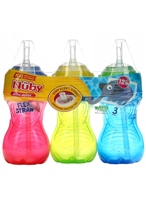 Nuby, No Spill FlexStraw Cups, 12+ Months, Boy, 3 Pack, 10 oz (300 ml) Each
