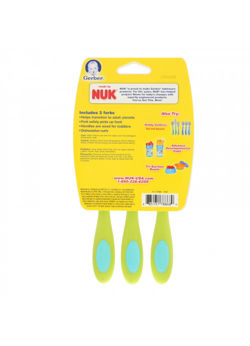 NUK, Kiddy Cutlery, Green, 18+ Months, 3 Toddler Forks