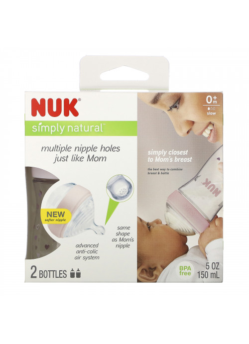 NUK, Simply Natural Baby Bottles, Slow Flow, 0 + Months, 2 Bottles, 5 oz (150 ml)