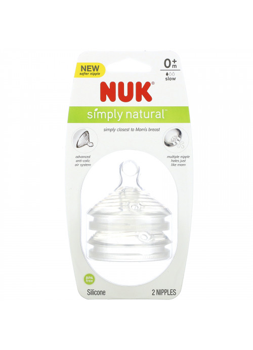 NUK, Simply Natural, Slow Flow Bottle Nipples,  0+ Months, 2 Nipples