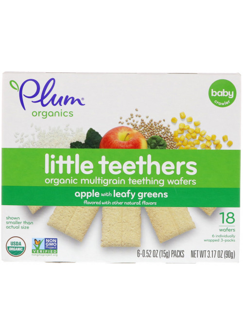 Plum Organics, Little Teethers, Organic Multigrain Teething Wafers, Apple with Leafy Greens, 6 Packs, 0.52 oz (15 g) Each