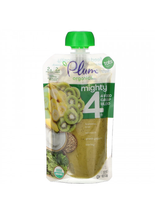 Plum Organics, Mighty 4, 4 Food Group Blend, Tots, Banana, Kiwi, Spinach, Greek Yogurt, Barley, 6 Pouches, 4 oz (113 g) Each