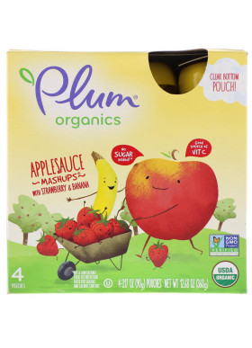 Plum Organics, Organic Applesauce Mashups with Strawberry & Banana, 4 Pouches, 3.17 oz (90 g) Each