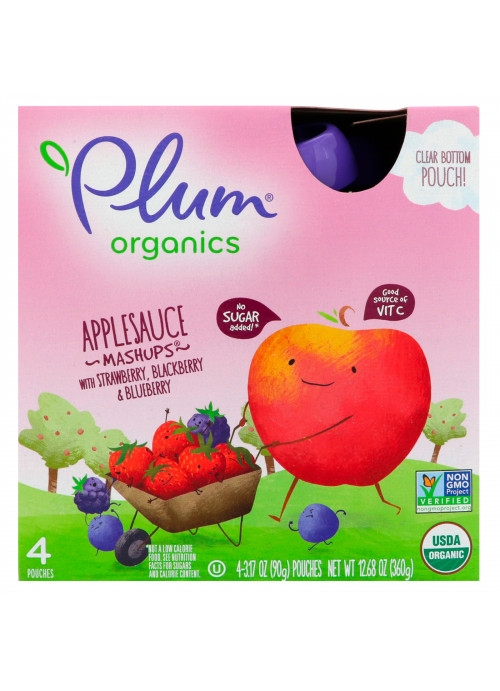 Plum Organics, Organic Applesauce Mashups with Strawberry, Blackberry & Blueberry, 4 Pouches, 3.17 oz (90 g) Each