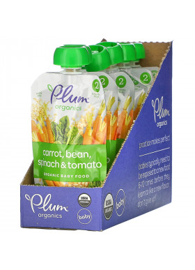 Plum Organics, Organic Baby Food, 6 Months & Up, Carrot, Bean, Spinach & Tomato, 6 Pouches, 3.5 oz (99 g) Each