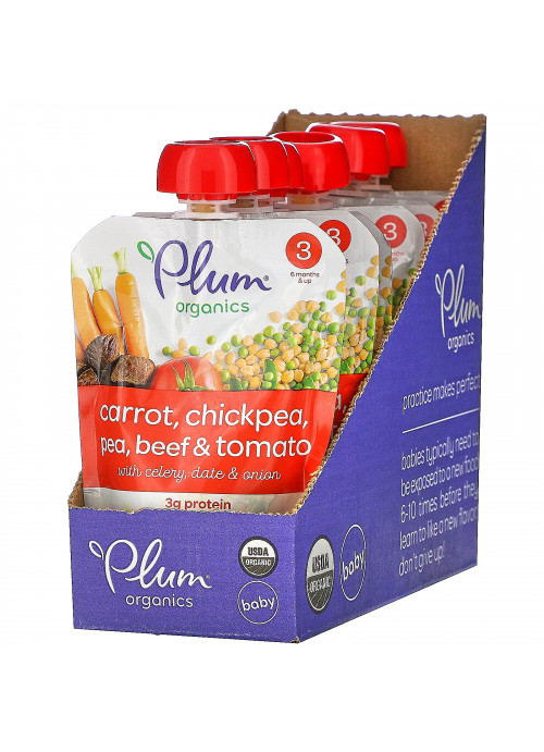 Plum Organics, Organic Baby Food, 6 Months & Up, Carrot, Chickpea, Pea, Beef & Tomato, 6 Pouches, 4 oz (113 g) Each