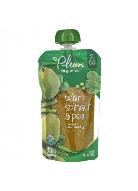 Plum Organics, Organic Baby Food, 6 Months & Up, Pear, Spinach & Pea, 6 Pouches, 4 oz (113 g) Each