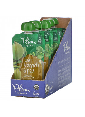 Plum Organics, Organic Baby Food, 6 Months & Up, Pear, Spinach & Pea, 6 Pouches, 4 oz (113 g) Each