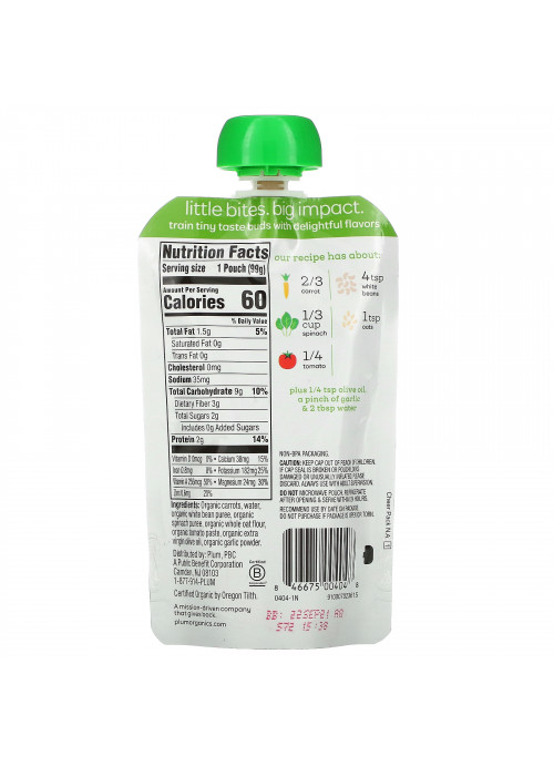 Plum Organics, Organic Baby Food, Stage 2, Carrot, Bean, Spinach & Tomato with Oats, 3.5 oz (99 g)