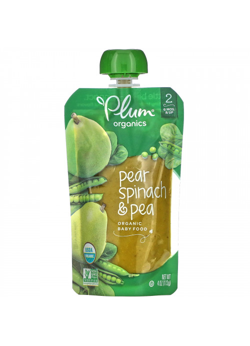 Plum Organics, Organic Baby Food, Stage 2, Pear, Spinach & Pea, 4 oz (113 g)