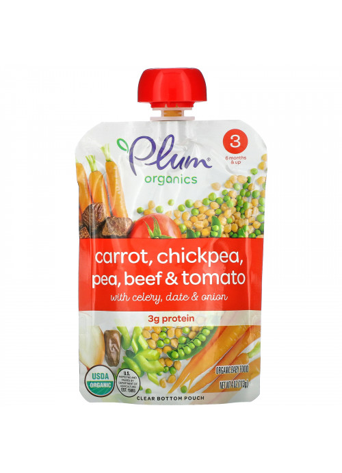 Plum Organics, Organic Baby Food, Stage 3, Carrot, Chickpea, Pea, Beef & Tomato with Celery, Date & Onion, 4 oz (113 g)