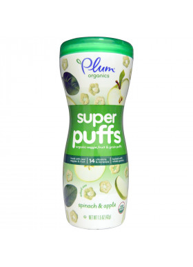 Plum Organics, Super Puffs, Organic Veggie, Fruit & Grain Puffs, Spinach & Apple, 1.5 oz (42 g)