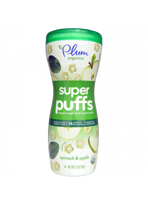 Plum Organics, Super Puffs, Organic Veggie, Fruit & Grain Puffs, Spinach & Apple, 1.5 oz (42 g)