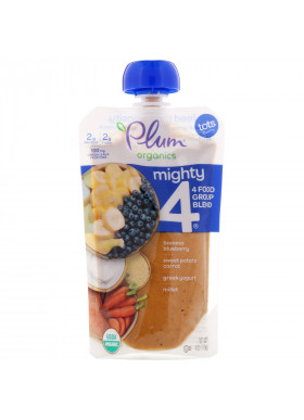 Plum Organics, Tots, Mighty 4, 4 Food Group Blend, Banana, Blueberry, Sweet Potato, Carrot, Greek Yogurt, Millet, 4 oz (113 g)