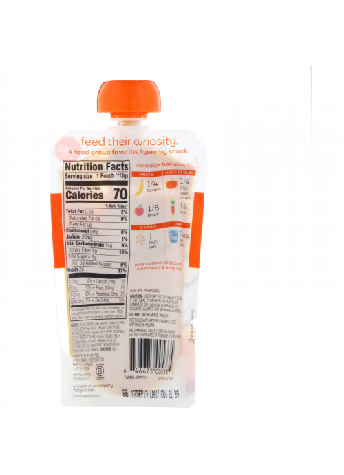 Plum Organics, Tots, Mighty 4, 4 Food Group Blend, Banana, Peach, Pumpkin, Carrot, Greek Yogurt, Oat, 4 oz (113 g)