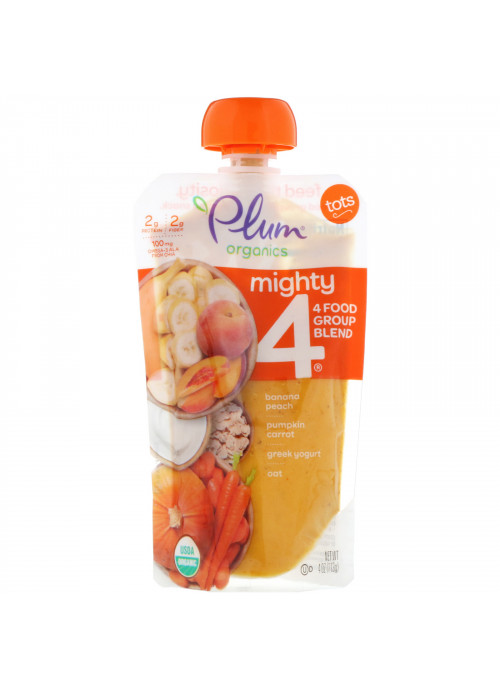 Plum Organics, Tots, Mighty 4, 4 Food Group Blend, Banana, Peach, Pumpkin, Carrot, Greek Yogurt, Oat, 4 oz (113 g)