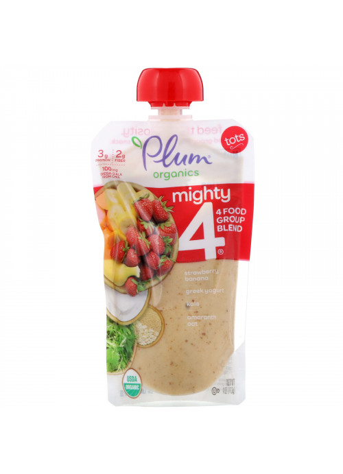 Plum Organics, Tots, Mighty 4, 4 Food Group Blend, Strawberry, Banana, Greek Yogurt, Kale, Amaranth, Oat, 4 oz (113 g)