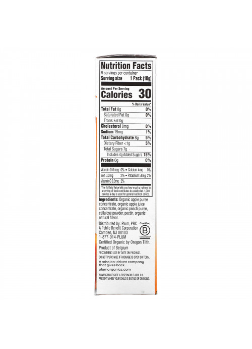 Plum Organics, Tots, Organic Teensy Soft Fruits Snacks, Peach, 12+ Months, 5 Packs, .35 oz (10 g) Each