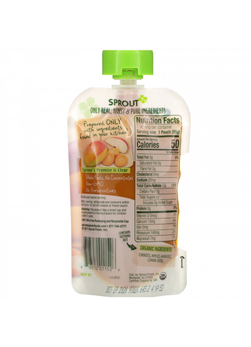 Sprout Organic, Baby Food, 6 Months & Up, Carrot Apple Mango, 3.5 oz (99 g)