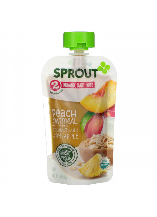 Sprout Organic, Baby Food, 6 Months & Up, Peach Oatmeal with Coconut Milk & Pineapple, 3.5 oz (99 g)