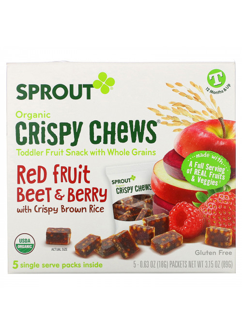 Sprout Organic, Crispy Chews, 12 Months & Up, Red Fruit Beet & Berry with Crispy Brown Rice, 5 Packets, 0.63 oz (18 g) Each