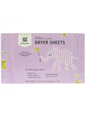 Grab Green, Dryer Sheets, Baby, Dreamy Rosewood with Essential Oils, 5+ Months, 50 Compostable Sheets