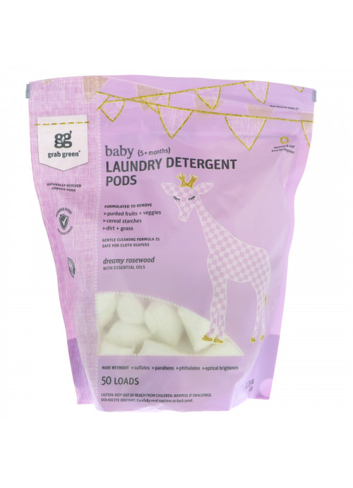 Grab Green, Laundry Detergent Pods, Baby, 5+ Months, Dreamy Rosewood with Essential Oils, 50 Loads, 1.76 lbs (800 g)