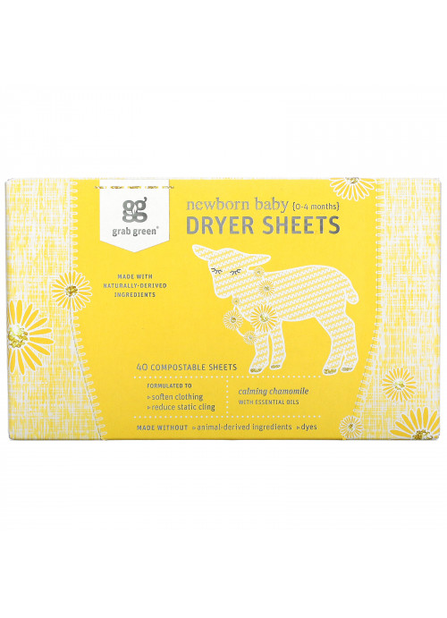 Grab Green, Newborn Baby Dryer Sheets, 0-4 Months, Calming Chamomile, 40 Sheets