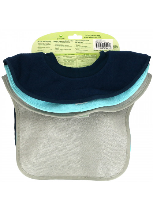 Green Sprouts, Pull-Over Stay-Dry Bibs, 9-18 Months, Blue, Aqua and Gray, 3 Pack