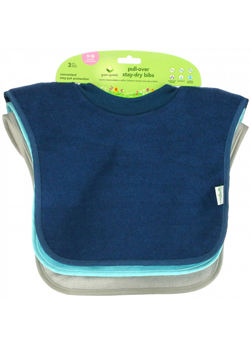 Green Sprouts, Pull-Over Stay-Dry Bibs, 9-18 Months, Blue, Aqua and Gray, 3 Pack