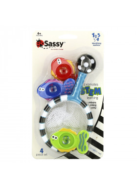 Sassy,  Developmental Bath Toy, Catch 'n Count Net,  6 + Months, 4 Piece Set