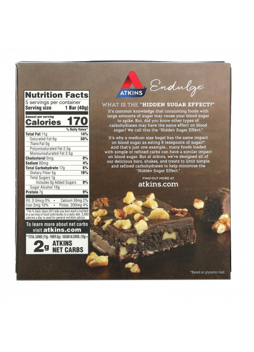 Atkins, Endulge, Nutty Fudge Brownie Bar, 5 Bars, 1.41 oz (40 g) Each