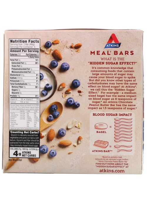 Atkins, Greek Yogurt Bar, Blueberry, 5 Bars, 1.69 oz (48 g) Each
