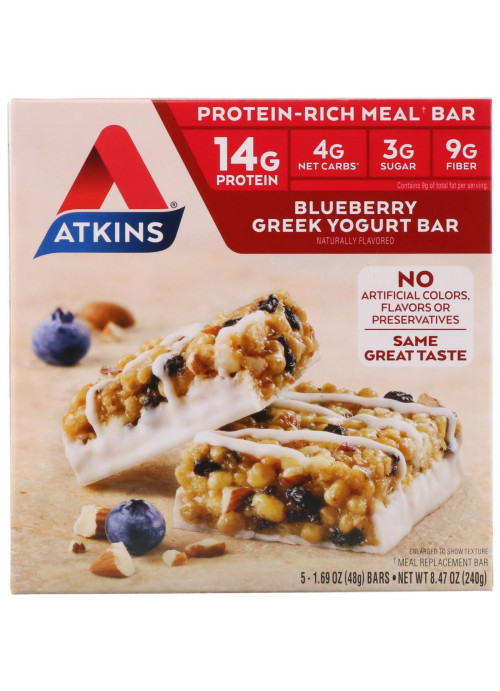 Atkins, Greek Yogurt Bar, Blueberry, 5 Bars, 1.69 oz (48 g) Each