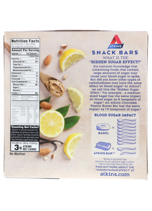 Atkins, Lemon Bar, 5 Bars, 1.41 oz (40 g) Each