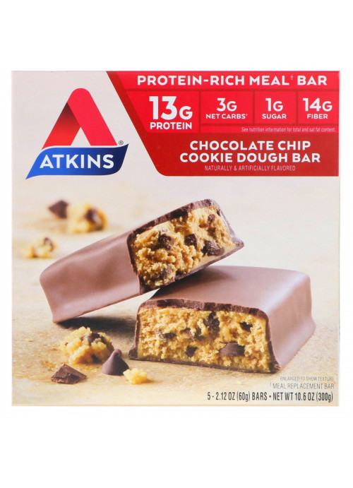 Atkins, Meal, Chocolate Chip Cookie Dough Bar, 5 Bars, 2.12 oz (60 g) Each