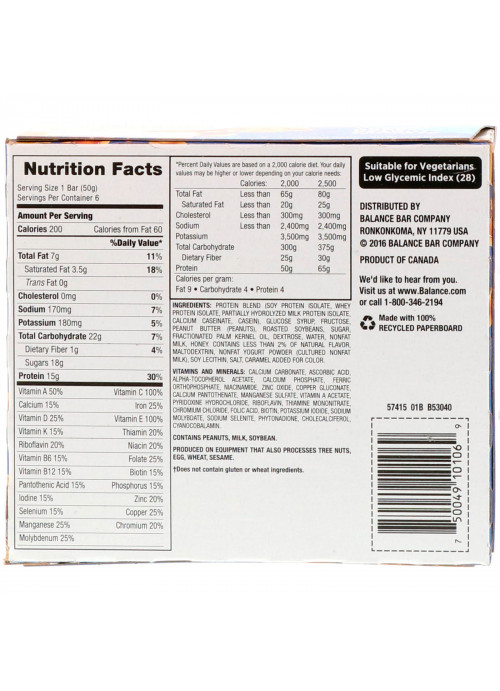 Balance Bar, Nutrition Bar, Yogurt Honey Peanut, 6 Bars, 1.76 oz (50 g) Each
