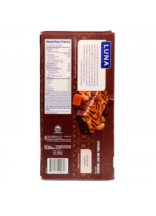 Clif Bar, Luna, Whole Nutrition Bar for Women, Caramel Walnut Brownie, 15 Bars, 1.69 oz (48 g) Each