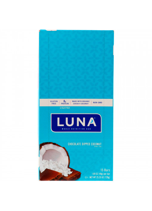 Clif Bar, Luna, Whole Nutrition Bar for Women, Chocolate Dipped Coconut, 15 Bars, 1.69 oz (48 g) Each