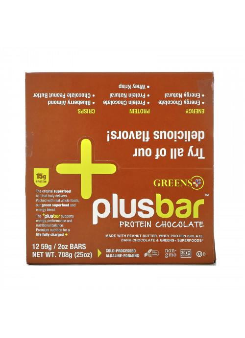 Greens Plus, Plusbar, Protein Chocolate, 12 Bars, 2 oz (59 g) Each