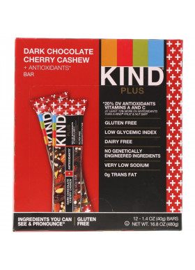 KIND Bars, Kind Plus, Dark Chocolate Cherry Cashew + Antioxidants, 12 Bars, 1.4 oz (40 g) Each