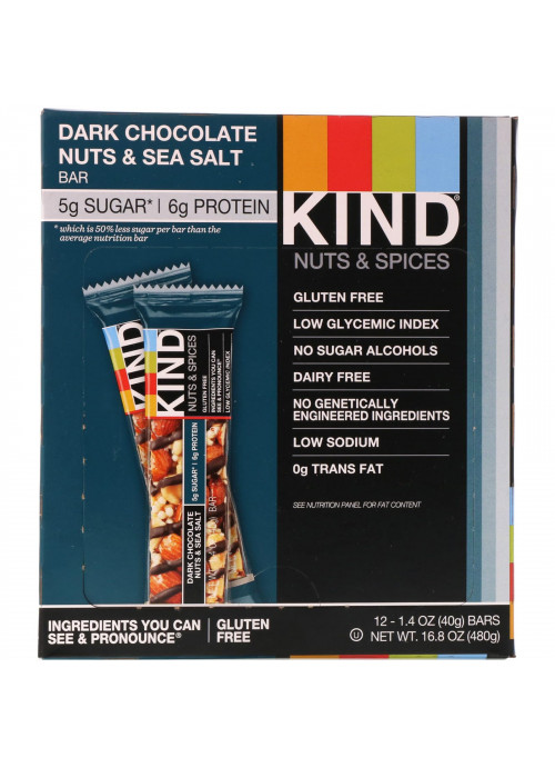 KIND Bars, Nuts & Spices, Dark Chocolate Nuts & Sea Salt, 12 Bars, 1.4 oz (40 g) Each