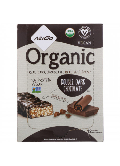 NuGo Nutrition, Organic Protein Bars, Double Dark Chocolate, 12 Bars, 1.76 oz (50 g) Each